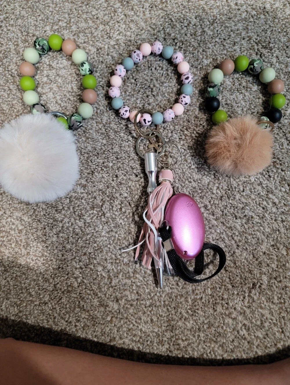Beaded Pom-Pom Keyring - Pink, Light Green & Lime